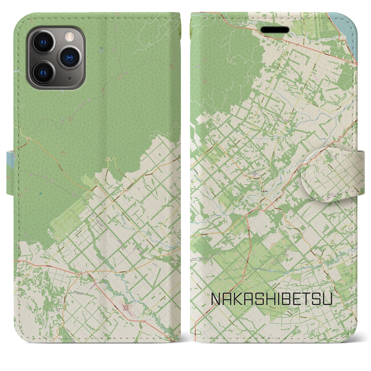 【中標津】地図柄iPhoneケース（手帳両面タイプ・ナチュラル）iPhone 11 Pro Max 用