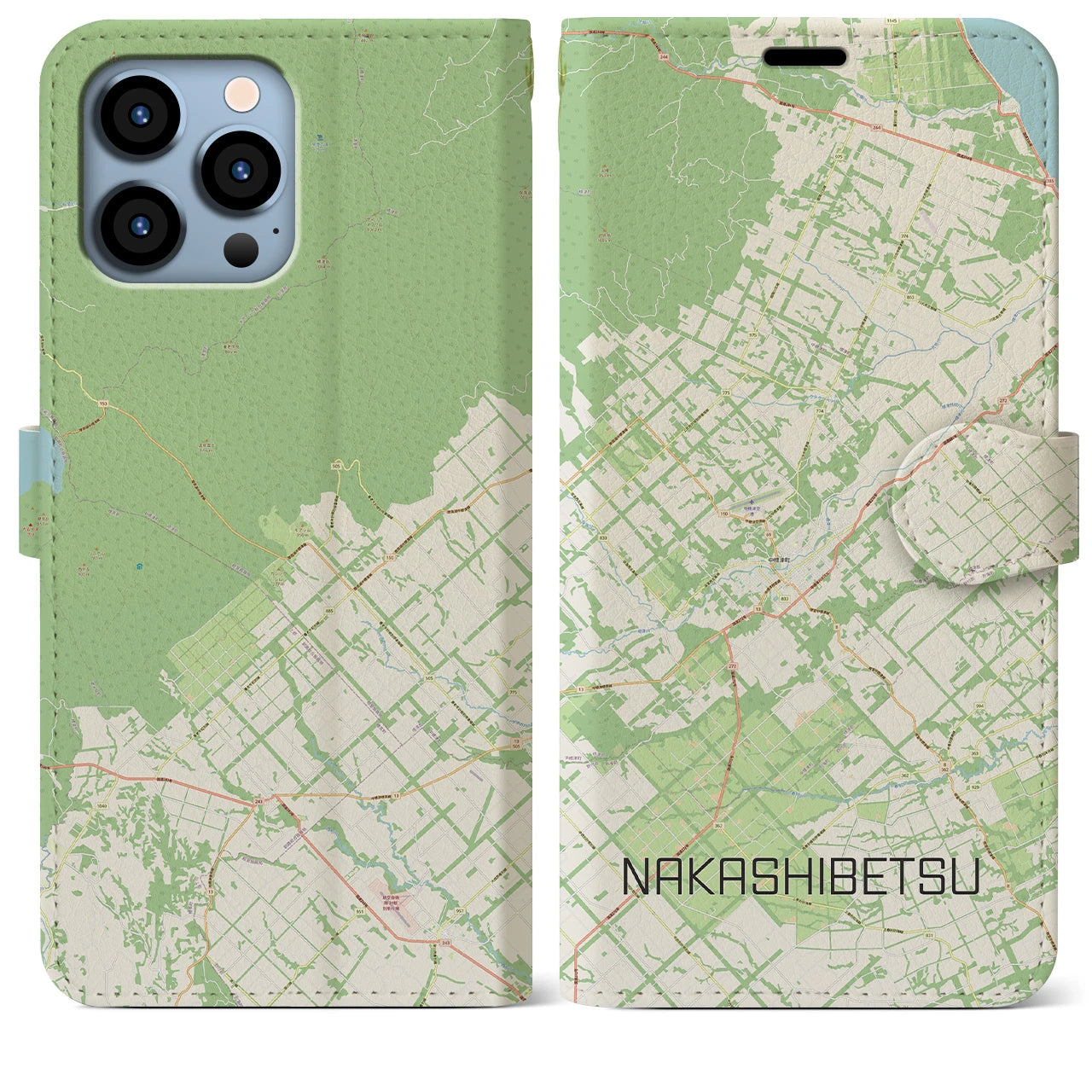 【中標津】地図柄iPhoneケース（手帳両面タイプ・ナチュラル）iPhone 13 Pro Max 用
