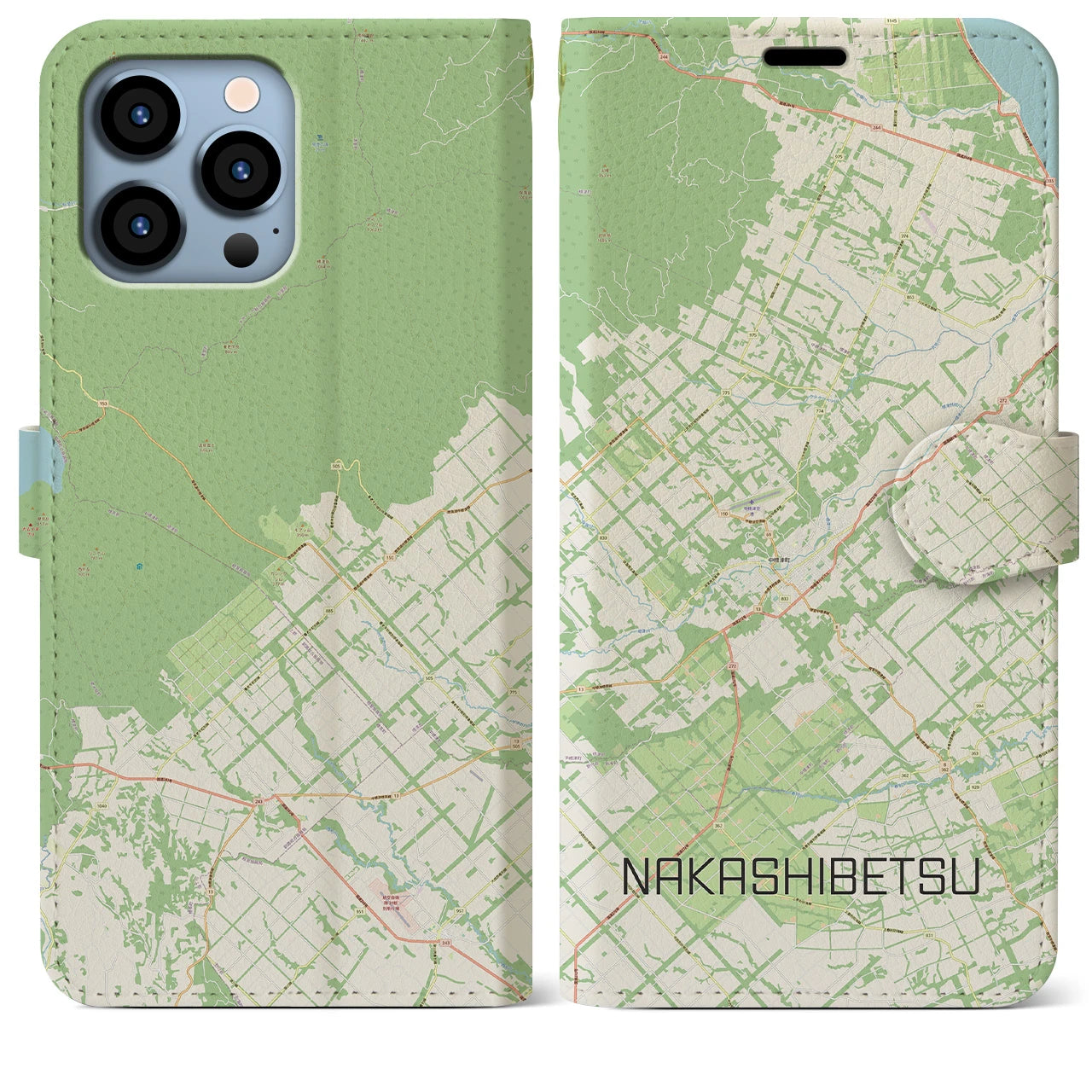 【中標津（北海道）】地図柄iPhoneケース（手帳タイプ）ナチュラル・iPhone 13 Pro Max 用