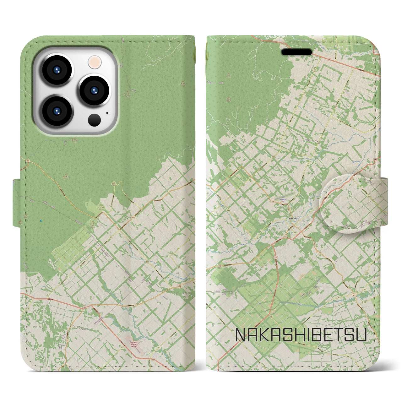 【中標津（北海道）】地図柄iPhoneケース（手帳タイプ）ナチュラル・iPhone 13 Pro 用