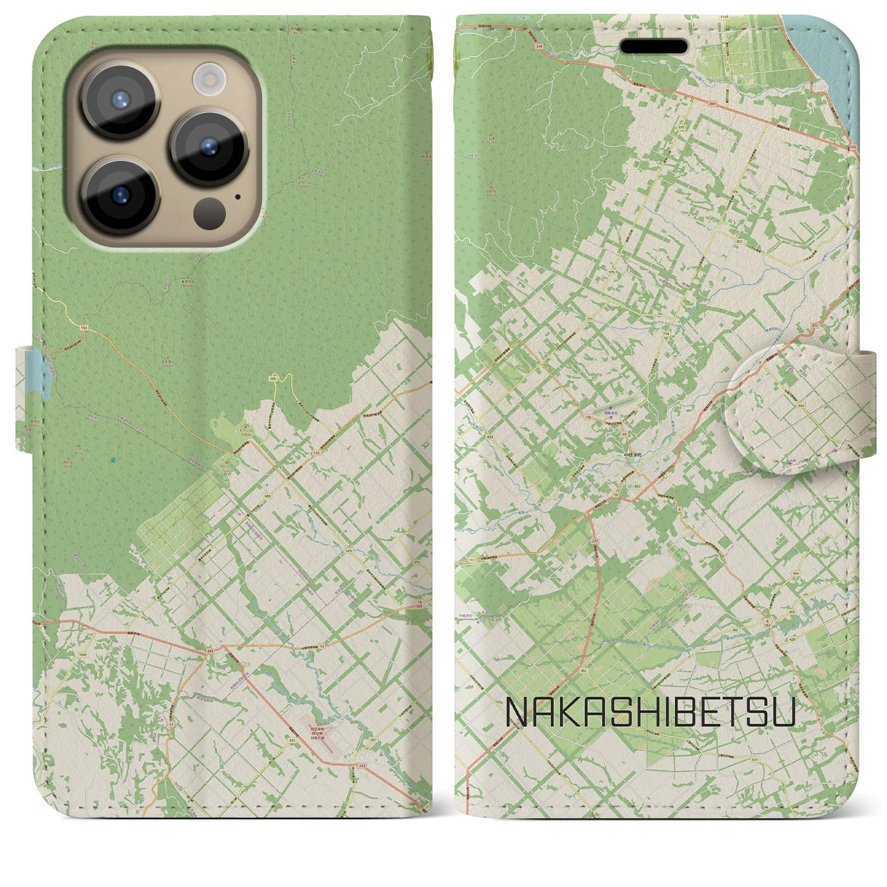 【中標津】地図柄iPhoneケース（手帳両面タイプ・ナチュラル）iPhone 14 Pro Max 用