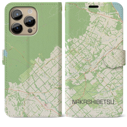 【中標津（北海道）】地図柄iPhoneケース（手帳タイプ）ナチュラル・iPhone 14 Pro Max 用