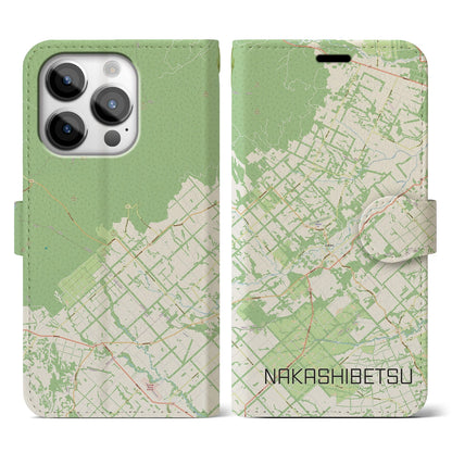 【中標津（北海道）】地図柄iPhoneケース（手帳タイプ）ナチュラル・iPhone 14 Pro 用