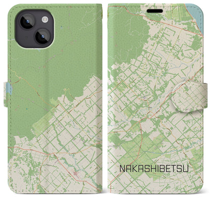 【中標津（北海道）】地図柄iPhoneケース（手帳タイプ）ナチュラル・iPhone 14 Plus 用