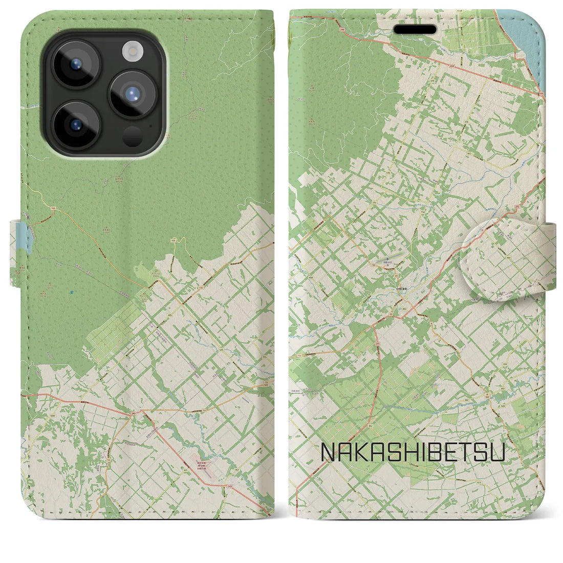 【中標津】地図柄iPhoneケース（手帳両面タイプ・ナチュラル）iPhone 15 Pro Max 用