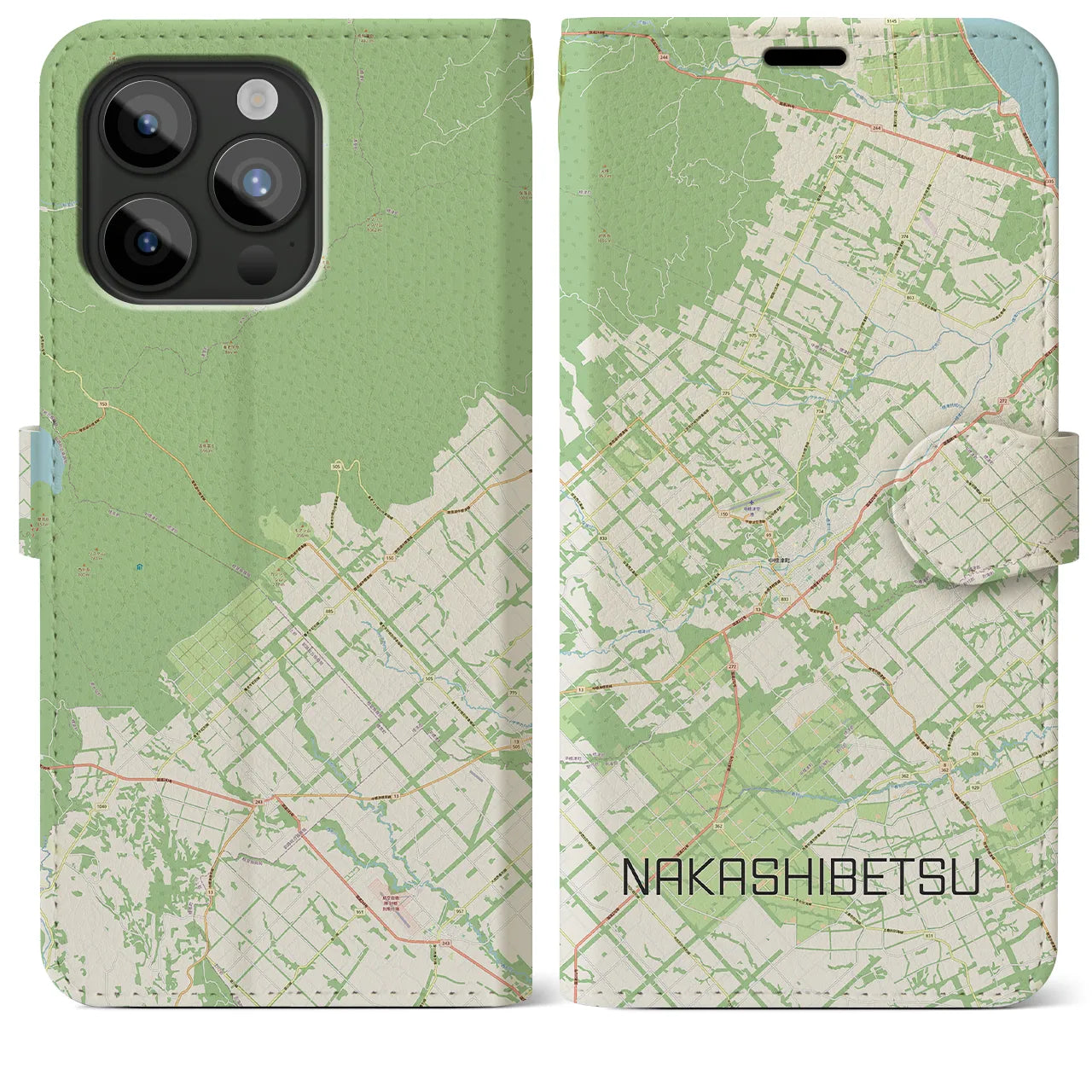 【中標津（北海道）】地図柄iPhoneケース（手帳タイプ）ナチュラル・iPhone 15 Pro Max 用
