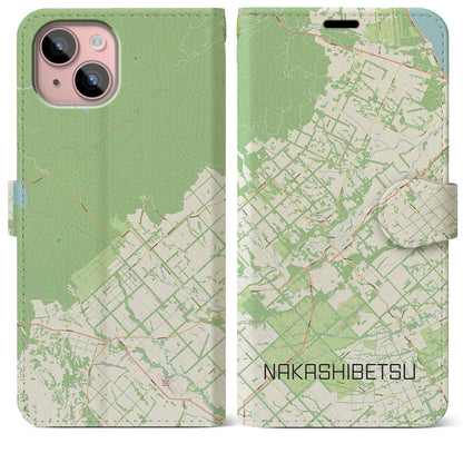 【中標津（北海道）】地図柄iPhoneケース（手帳タイプ）ナチュラル・iPhone 15 Plus 用