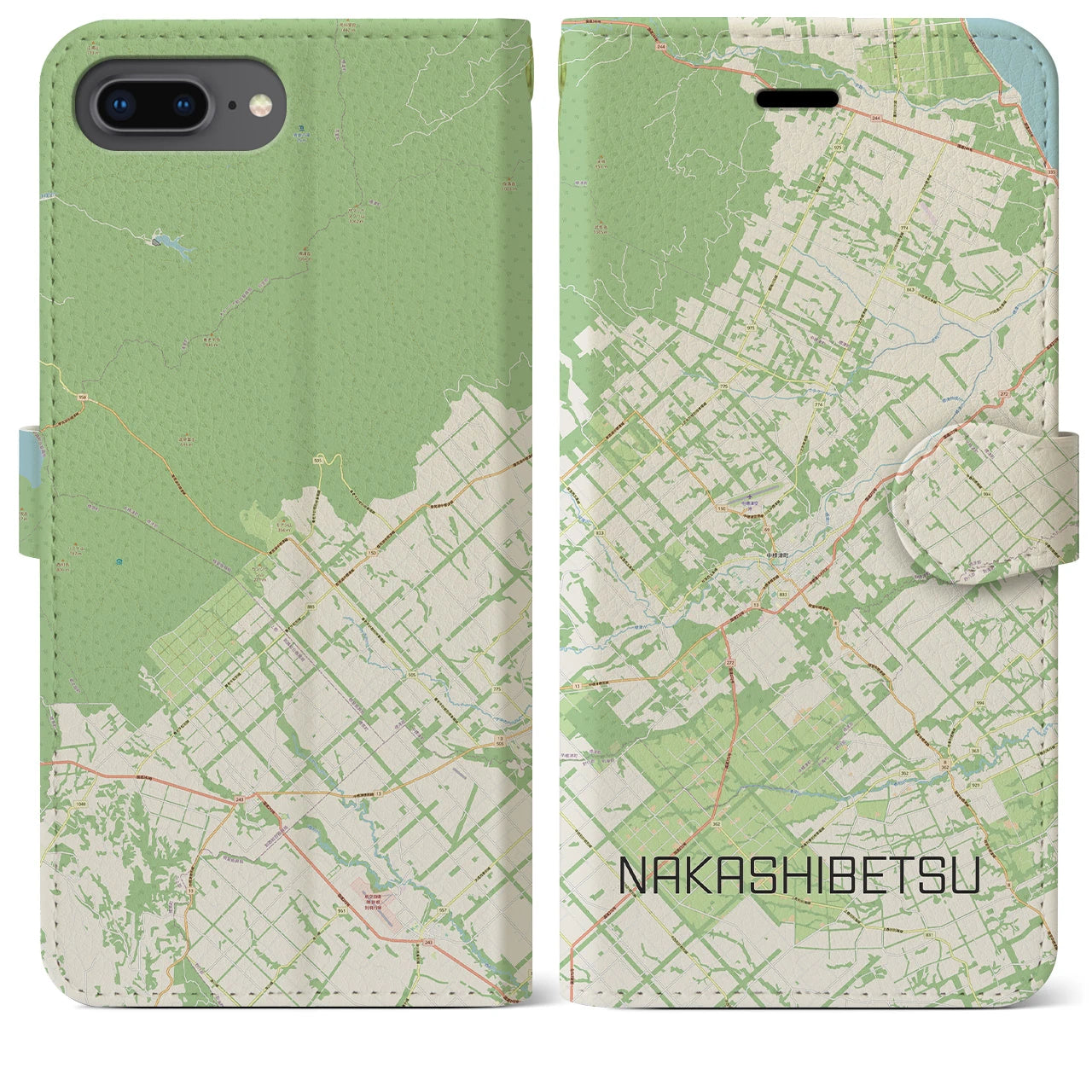 【中標津】地図柄iPhoneケース（手帳両面タイプ・ナチュラル）iPhone 8Plus /7Plus / 6sPlus / 6Plus 用