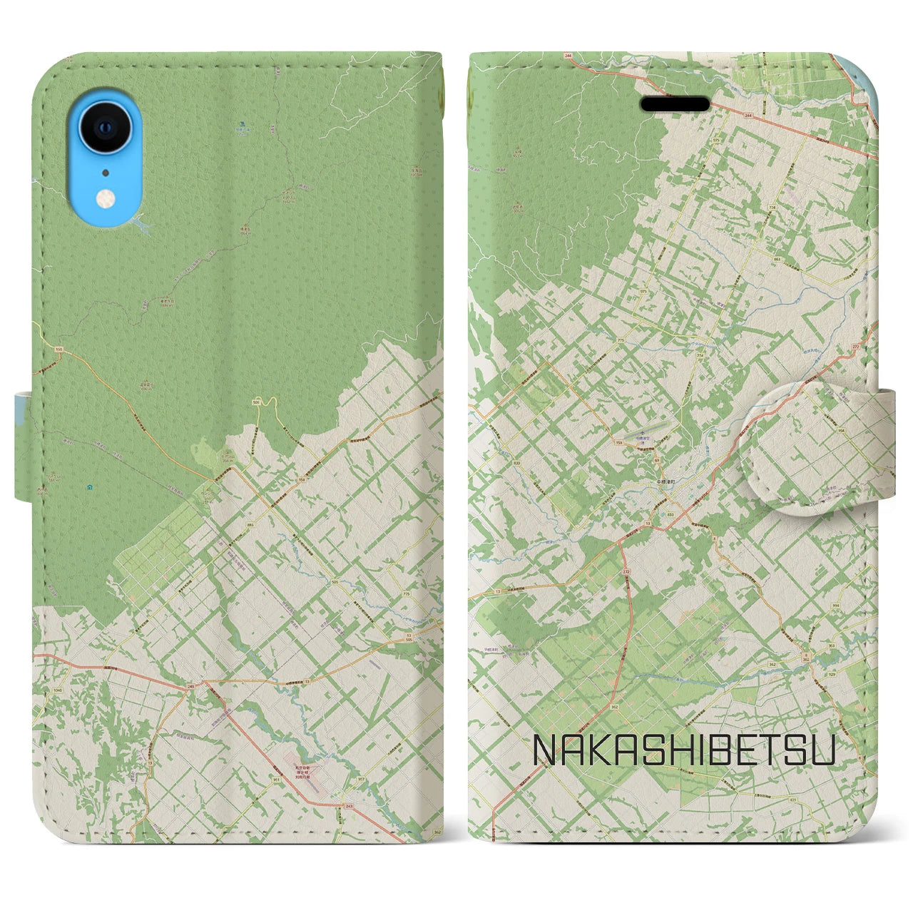 【中標津】地図柄iPhoneケース（手帳両面タイプ・ナチュラル）iPhone XR 用