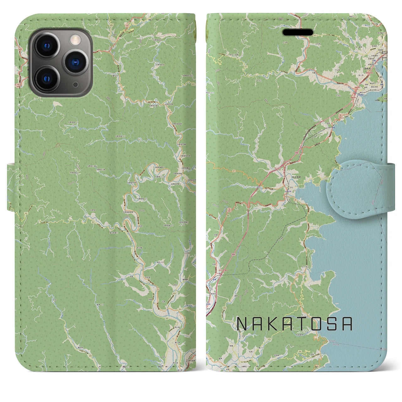 【中土佐】地図柄iPhoneケース（手帳両面タイプ・ナチュラル）iPhone 11 Pro Max 用