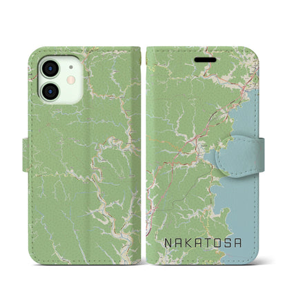 【中土佐（高知県）】地図柄iPhoneケース（手帳タイプ）ナチュラル・iPhone 12 mini 用