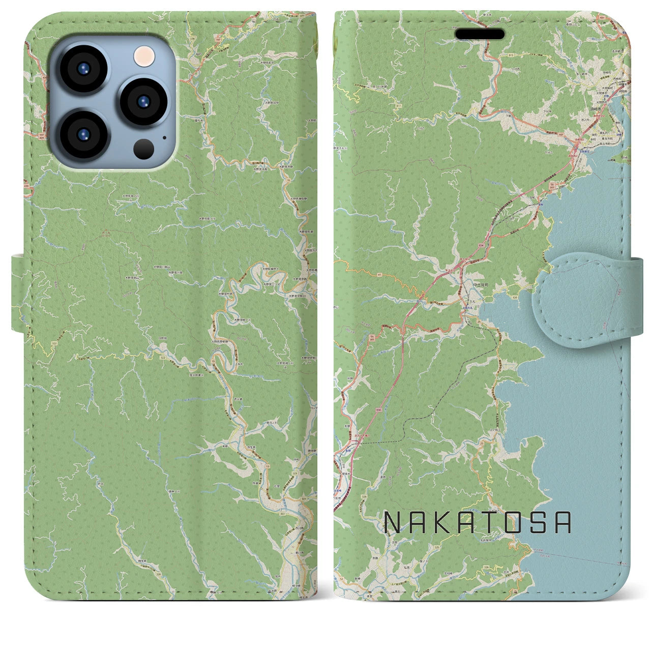 【中土佐】地図柄iPhoneケース（手帳両面タイプ・ナチュラル）iPhone 13 Pro Max 用