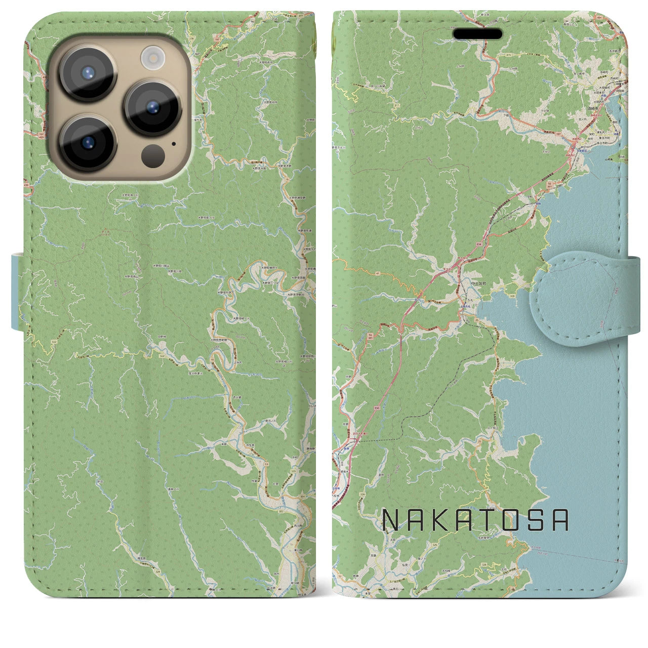 【中土佐】地図柄iPhoneケース（手帳両面タイプ・ナチュラル）iPhone 14 Pro Max 用