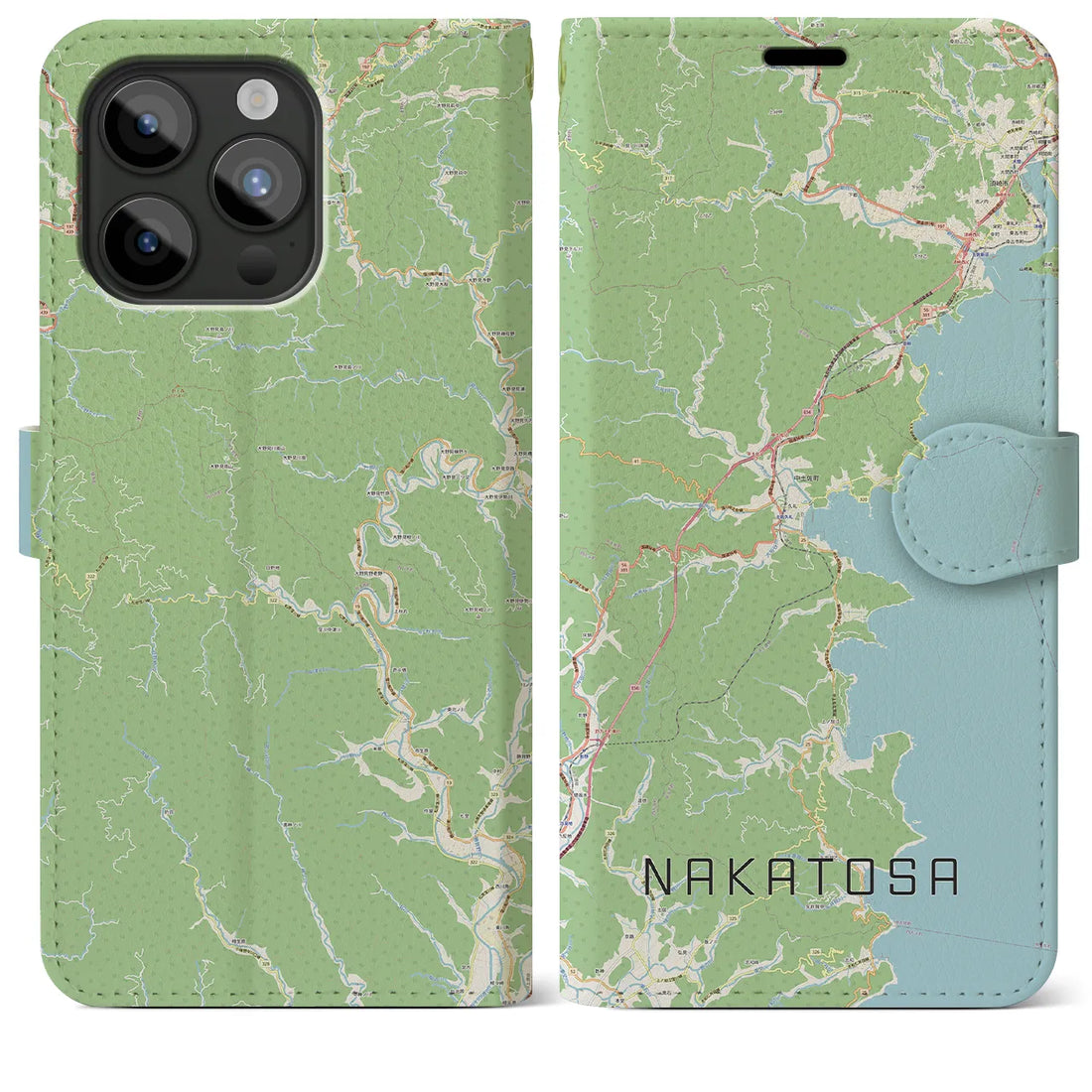 【中土佐】地図柄iPhoneケース（手帳両面タイプ・ナチュラル）iPhone 15 Pro Max 用