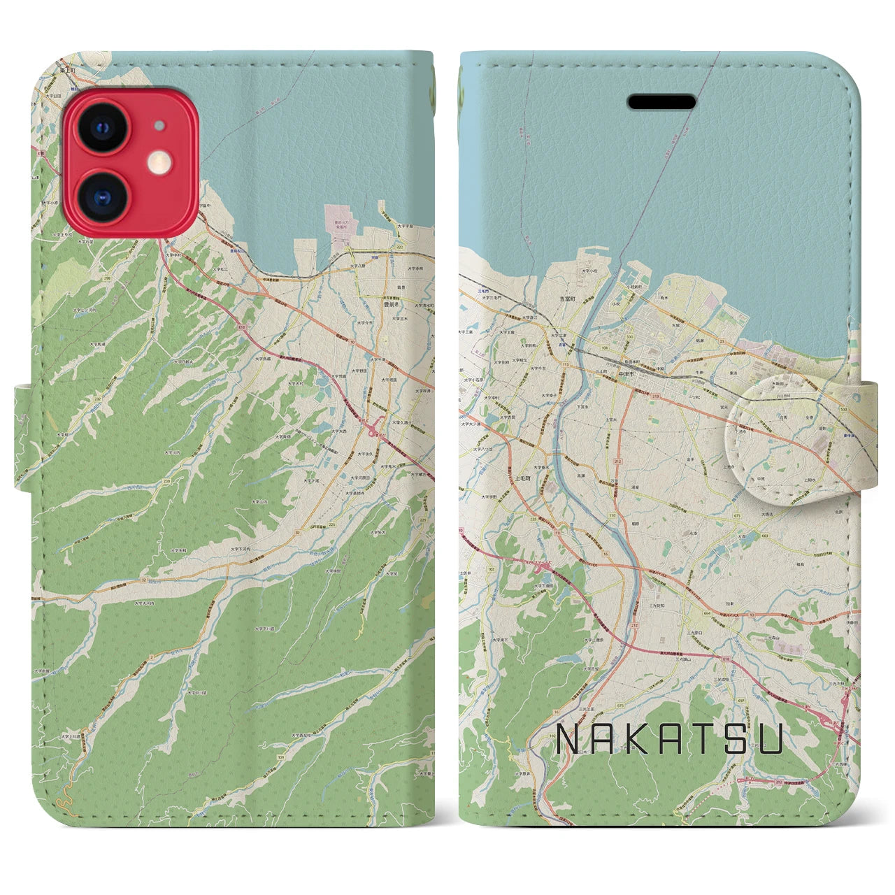 【中津】地図柄iPhoneケース（手帳両面タイプ・ナチュラル）iPhone 11 用