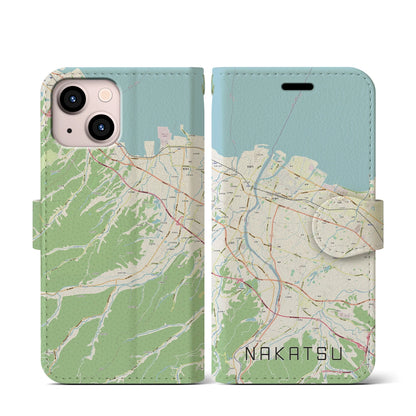 【中津（大分県）】地図柄iPhoneケース（手帳タイプ）ナチュラル・iPhone 13 mini 用