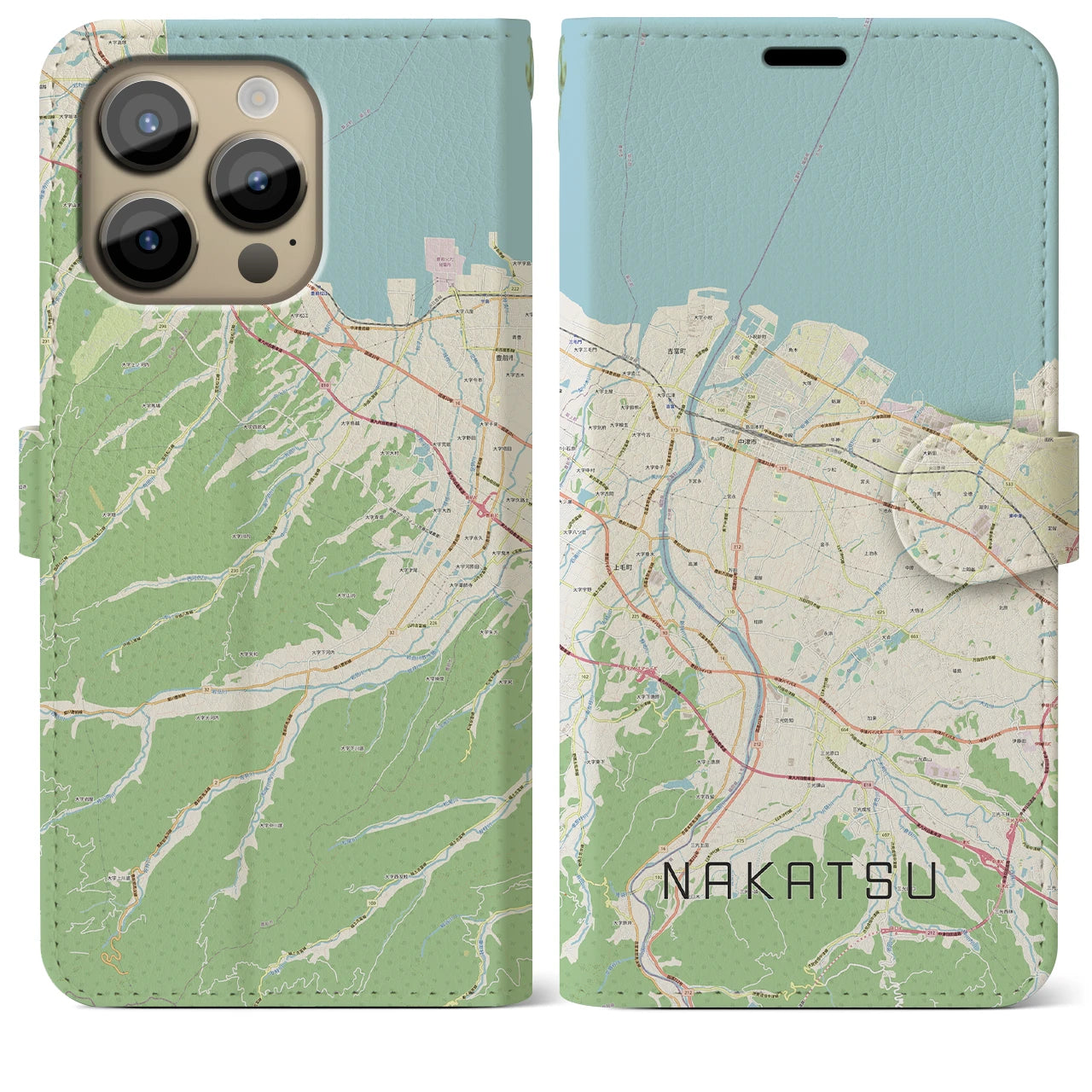 【中津】地図柄iPhoneケース（手帳両面タイプ・ナチュラル）iPhone 14 Pro Max 用