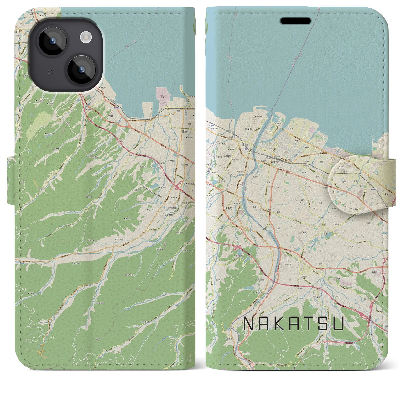 【中津】地図柄iPhoneケース（手帳両面タイプ・ナチュラル）iPhone 14 Plus 用
