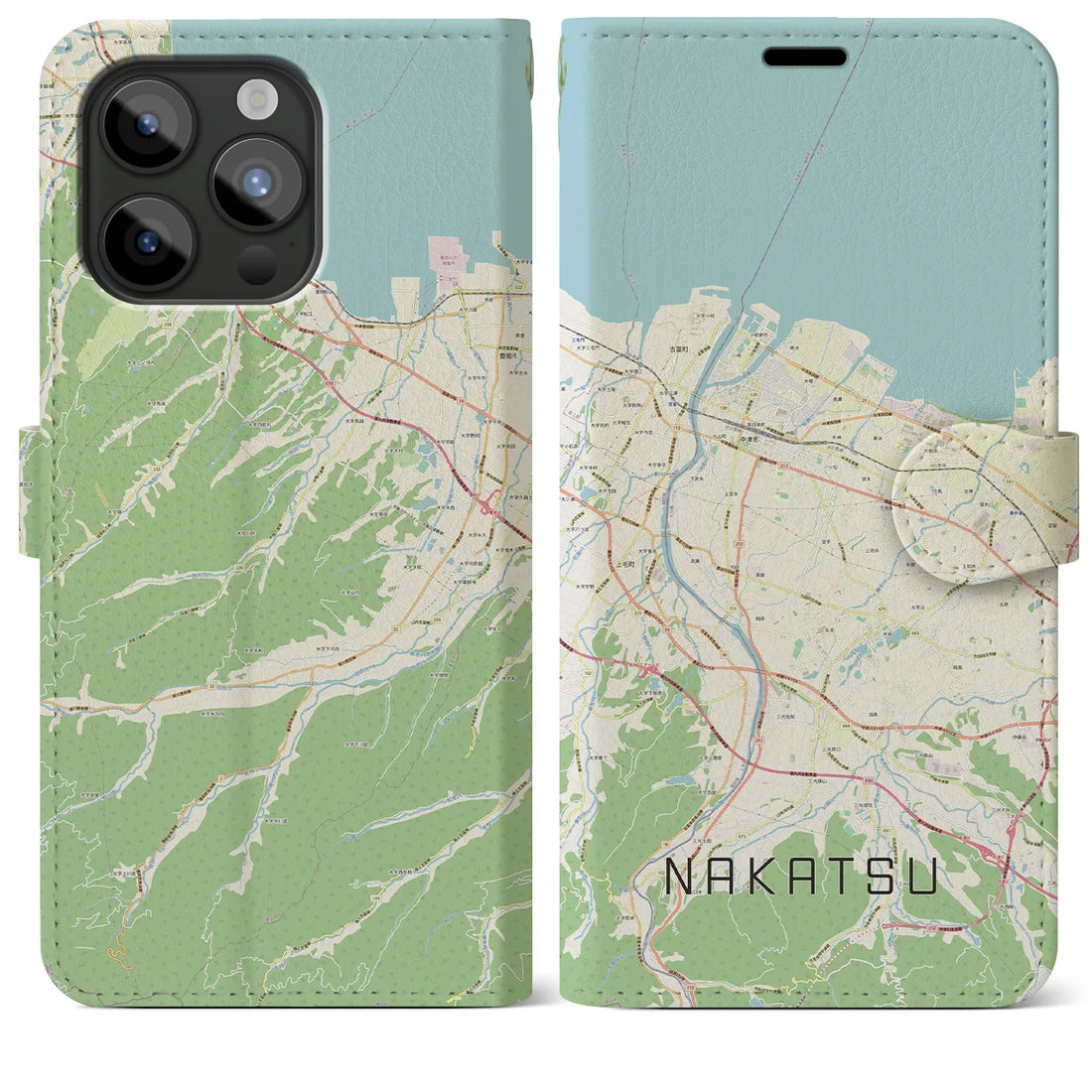 【中津】地図柄iPhoneケース（手帳両面タイプ・ナチュラル）iPhone 15 Pro Max 用
