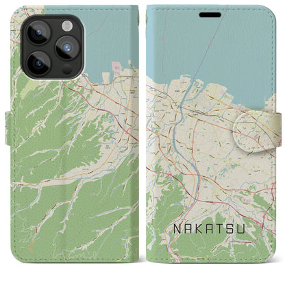 【中津（大分県）】地図柄iPhoneケース（手帳タイプ）ナチュラル・iPhone 15 Pro Max 用