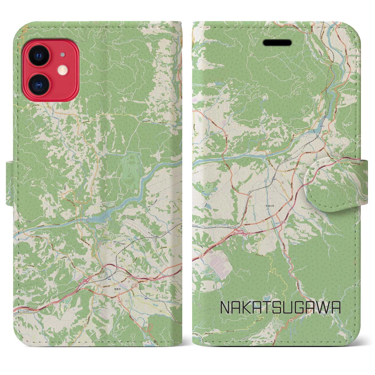 【中津川】地図柄iPhoneケース（手帳両面タイプ・ナチュラル）iPhone 11 用