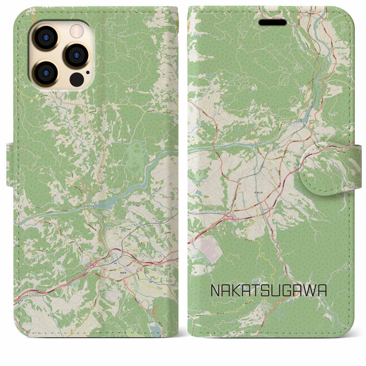 【中津川】地図柄iPhoneケース（手帳両面タイプ・ナチュラル）iPhone 12 Pro Max 用