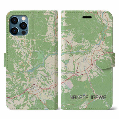 【中津川（岐阜県）】地図柄iPhoneケース（手帳タイプ）ナチュラル・iPhone 12 / 12 Pro 用