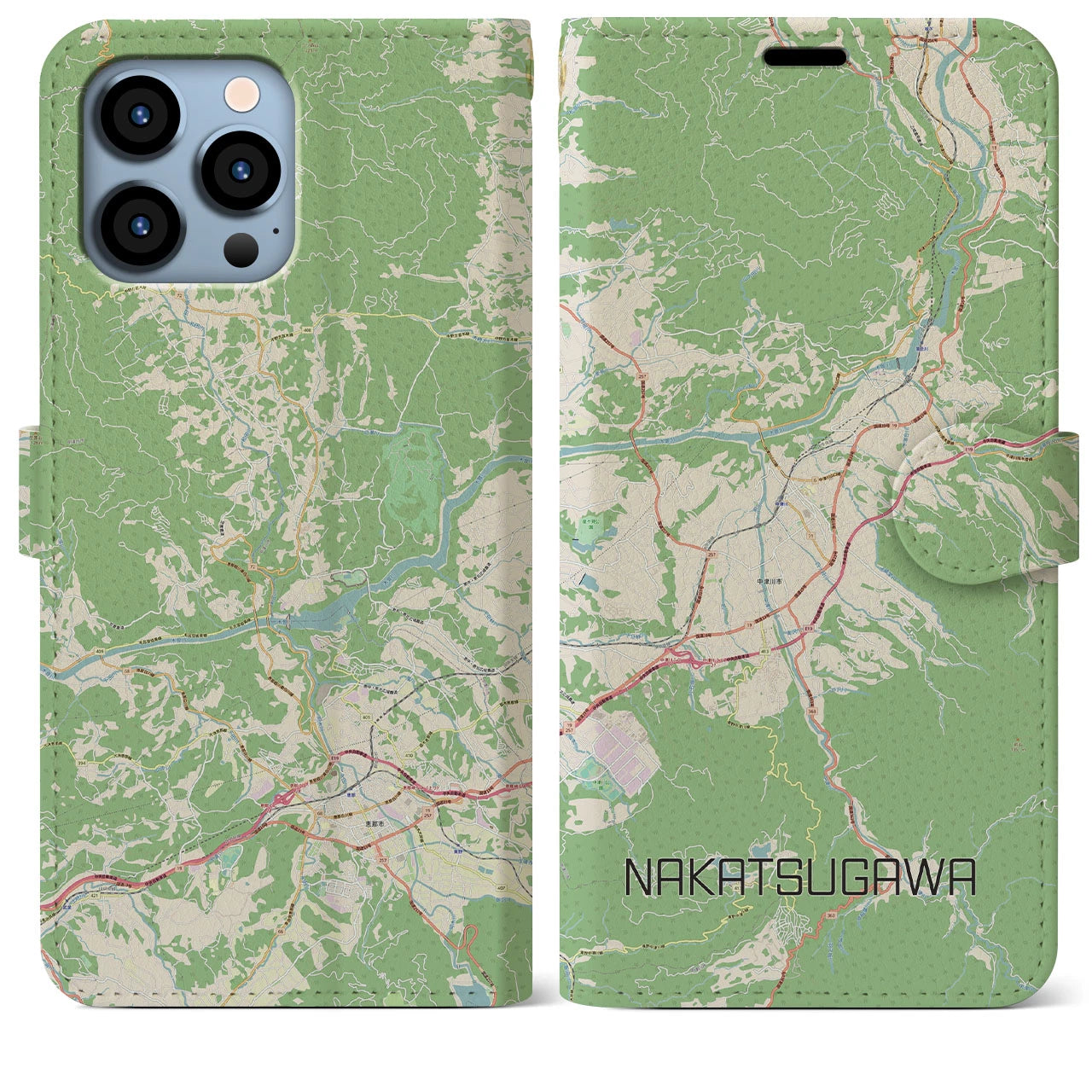 【中津川】地図柄iPhoneケース（手帳両面タイプ・ナチュラル）iPhone 13 Pro Max 用