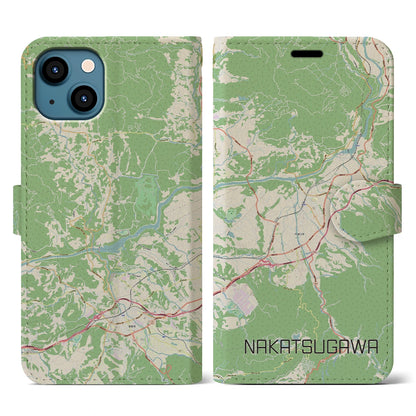 【中津川（岐阜県）】地図柄iPhoneケース（手帳タイプ）ナチュラル・iPhone 13 用