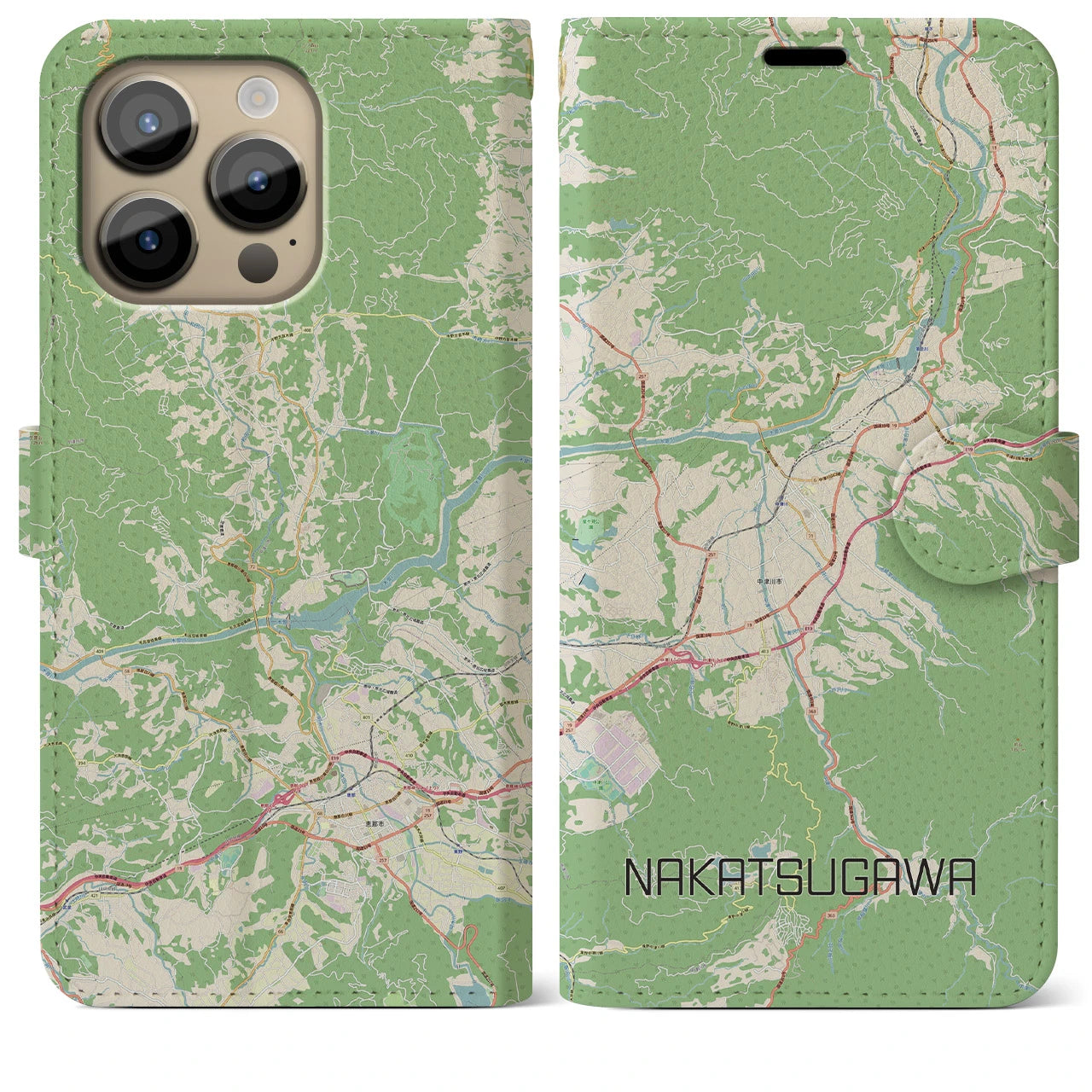 【中津川】地図柄iPhoneケース（手帳両面タイプ・ナチュラル）iPhone 14 Pro Max 用