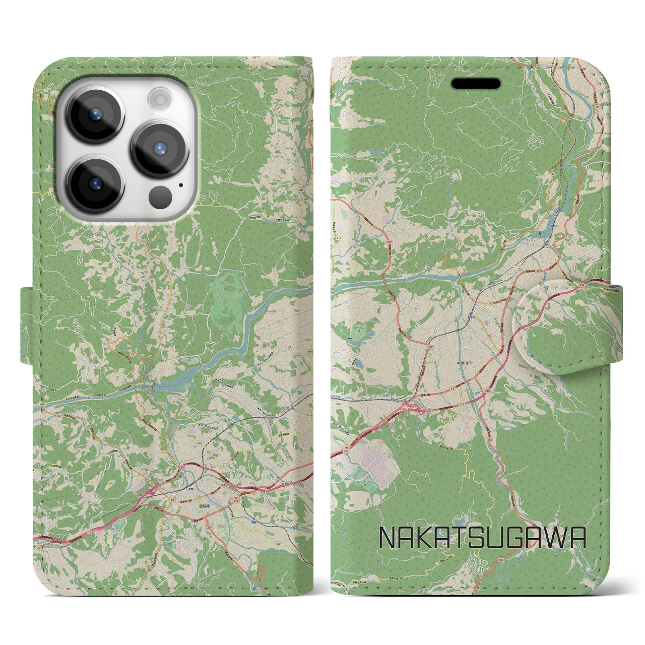 【中津川】地図柄iPhoneケース（手帳両面タイプ・ナチュラル）iPhone 14 Pro 用
