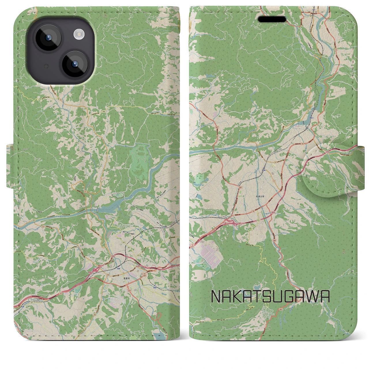【中津川】地図柄iPhoneケース（手帳両面タイプ・ナチュラル）iPhone 14 Plus 用