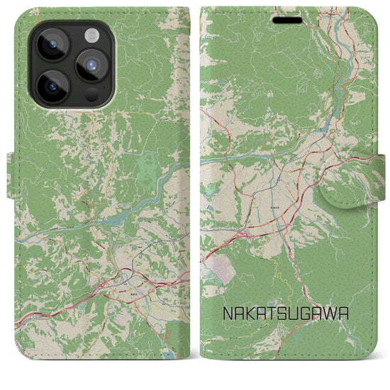 【中津川】地図柄iPhoneケース（手帳両面タイプ・ナチュラル）iPhone 15 Pro Max 用