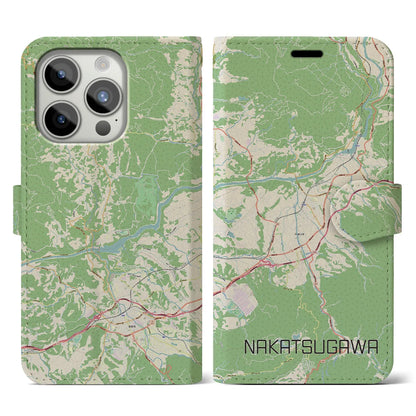 【中津川（岐阜県）】地図柄iPhoneケース（手帳タイプ）ナチュラル・iPhone 15 Pro 用