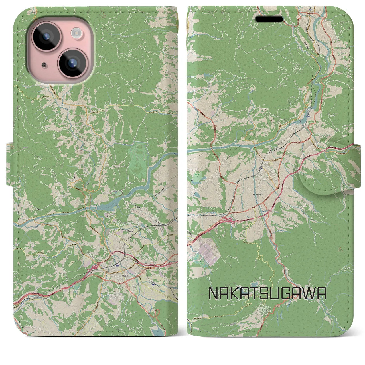 【中津川】地図柄iPhoneケース（手帳両面タイプ・ナチュラル）iPhone 15 Plus 用