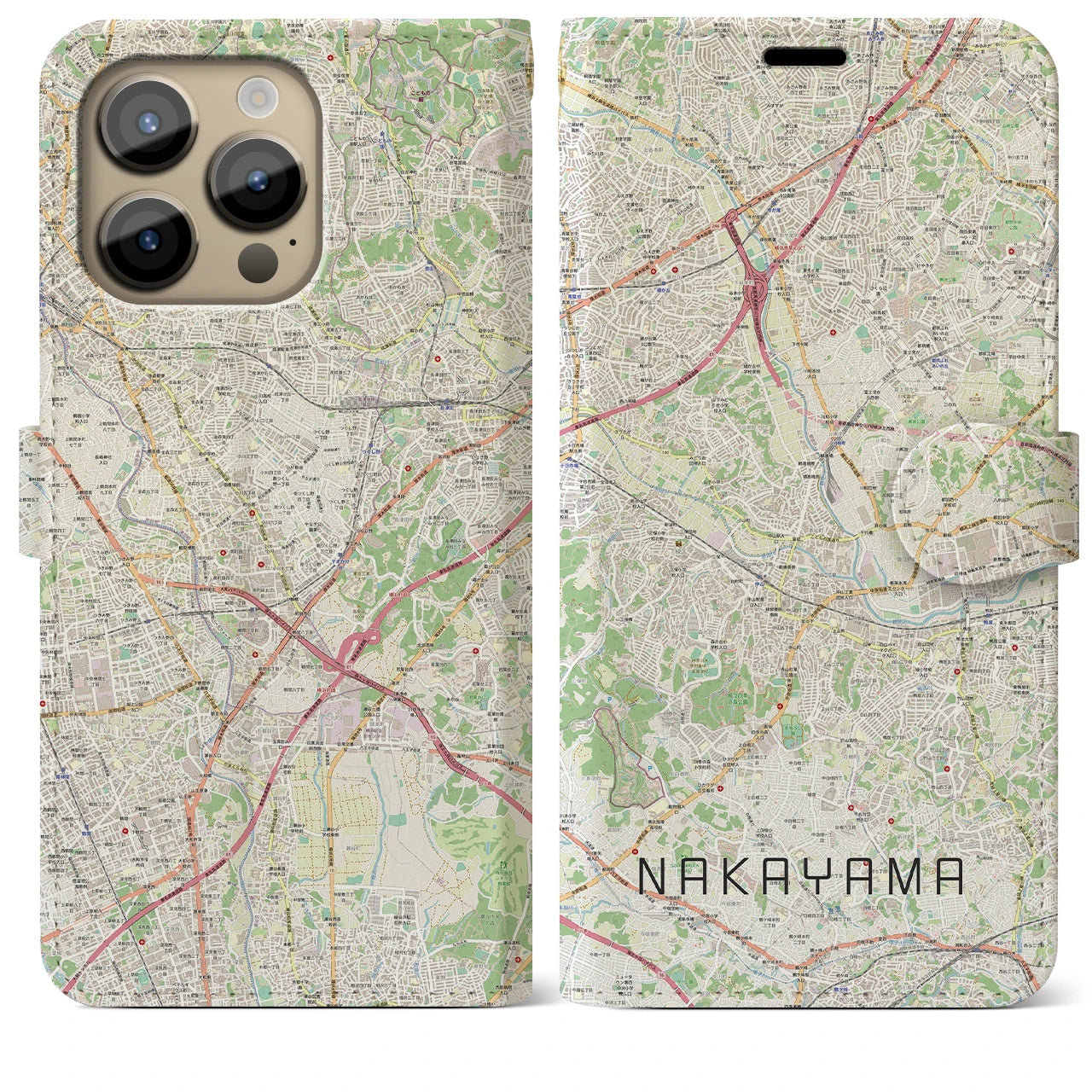 【中山】地図柄iPhoneケース（手帳両面タイプ・ナチュラル）iPhone 14 Pro Max 用