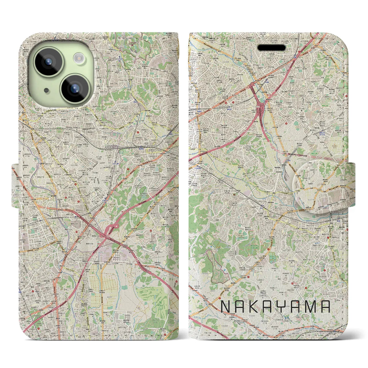 【中山】地図柄iPhoneケース（手帳両面タイプ・ナチュラル）iPhone 15 用