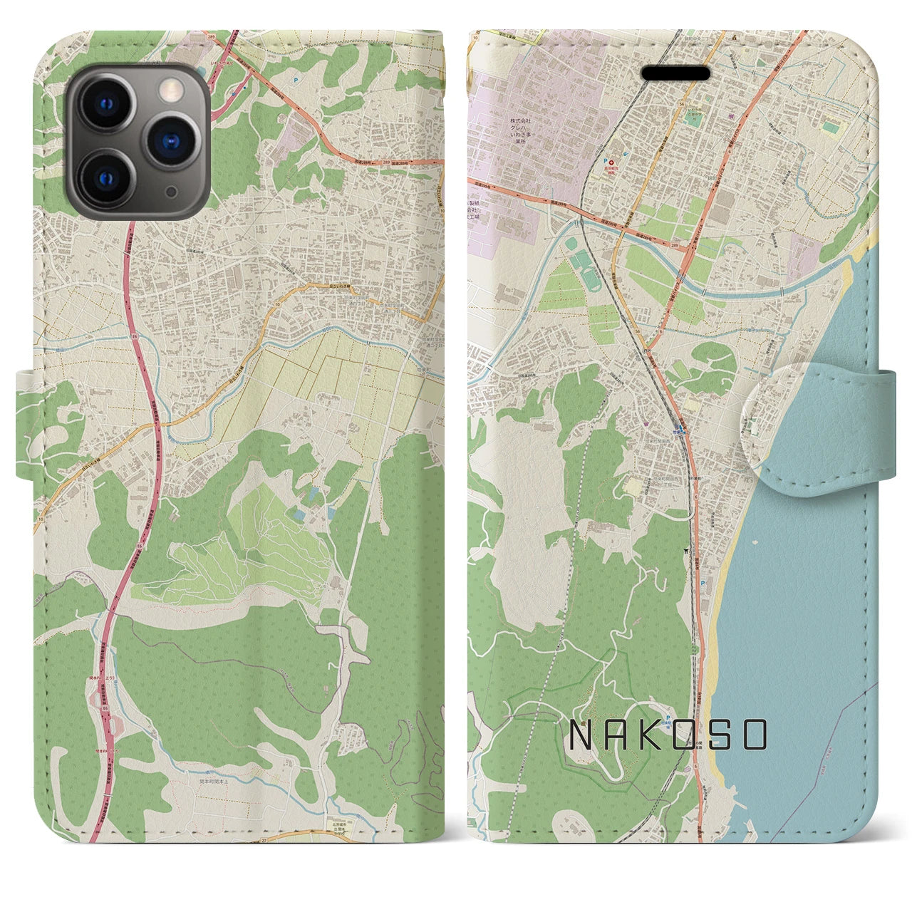 【勿来】地図柄iPhoneケース（手帳両面タイプ・ナチュラル）iPhone 11 Pro Max 用