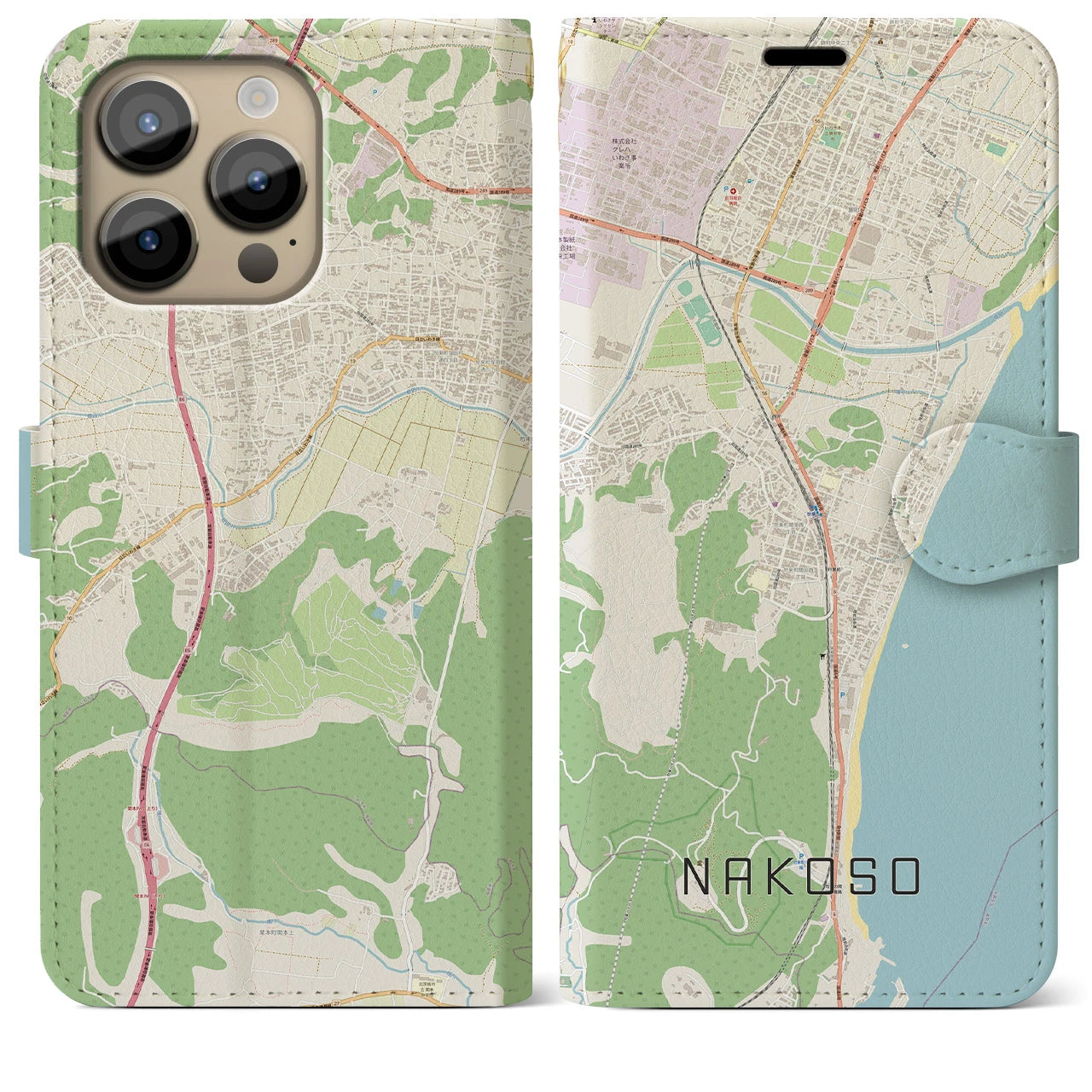 【勿来】地図柄iPhoneケース（手帳両面タイプ・ナチュラル）iPhone 14 Pro Max 用