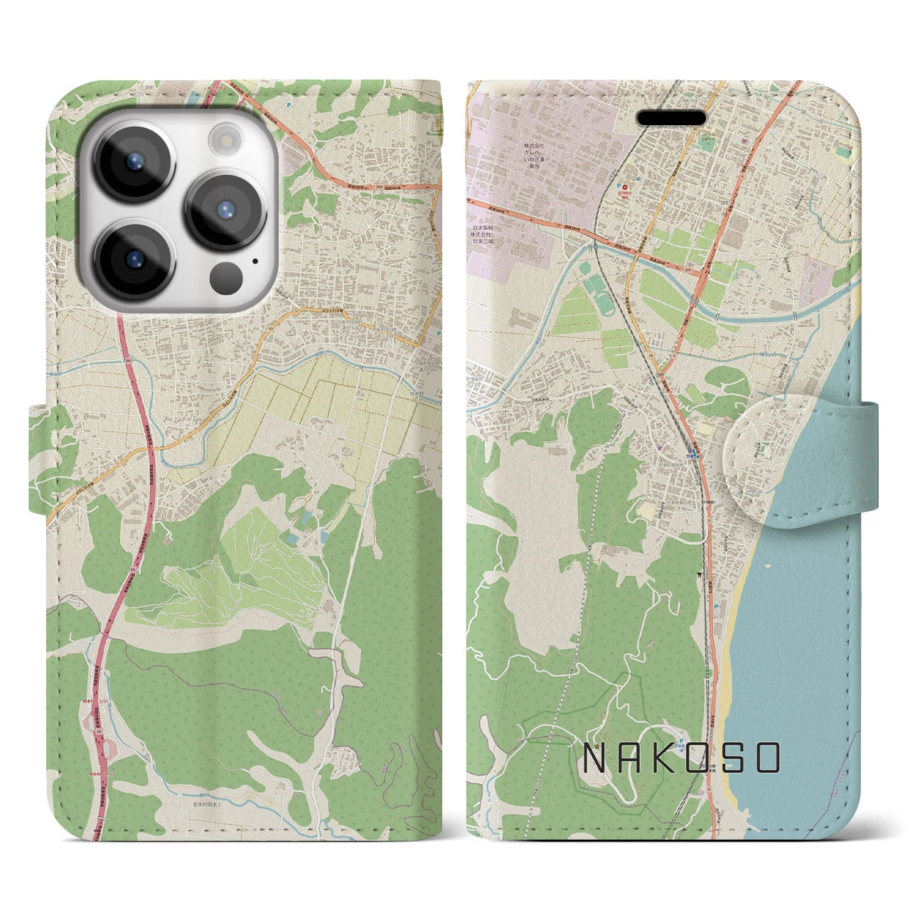【勿来】地図柄iPhoneケース（手帳両面タイプ・ナチュラル）iPhone 14 Pro 用