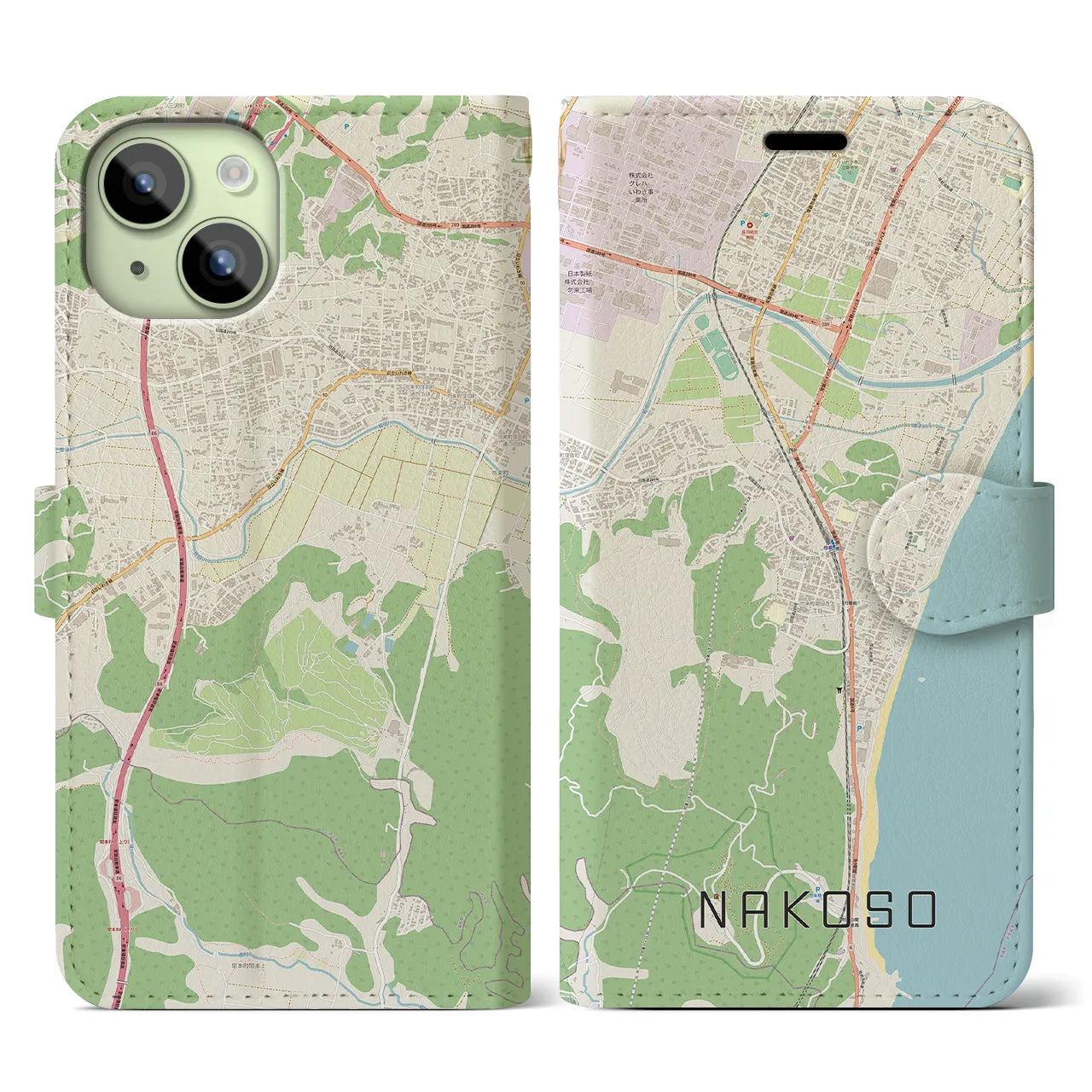 【勿来】地図柄iPhoneケース（手帳両面タイプ・ナチュラル）iPhone 15 用