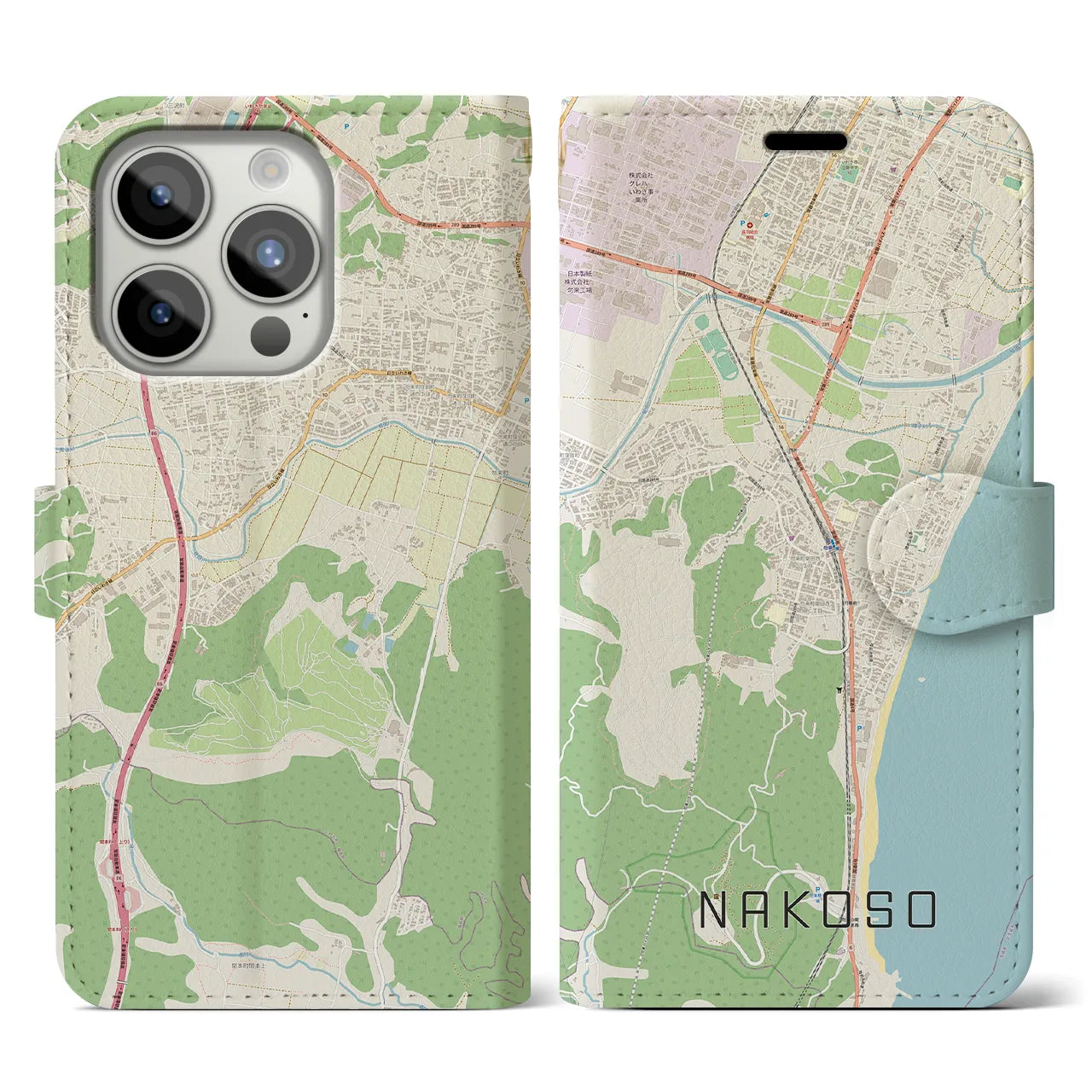 【勿来】地図柄iPhoneケース（手帳両面タイプ・ナチュラル）iPhone 15 Pro 用