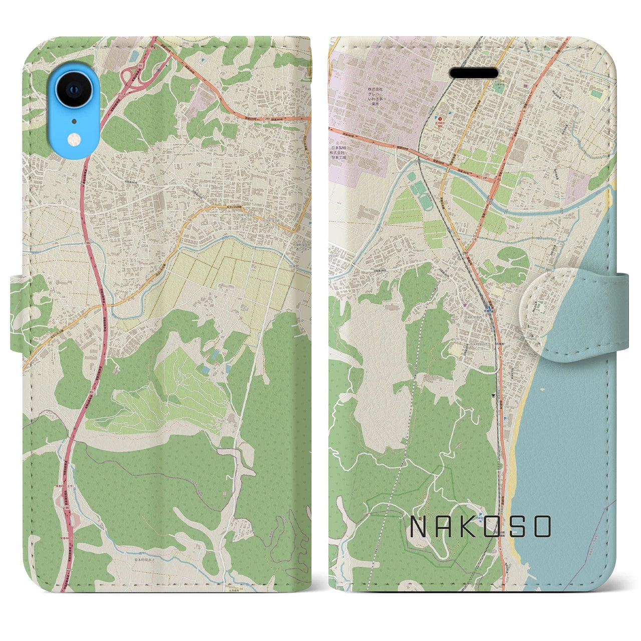 【勿来】地図柄iPhoneケース（手帳両面タイプ・ナチュラル）iPhone XR 用