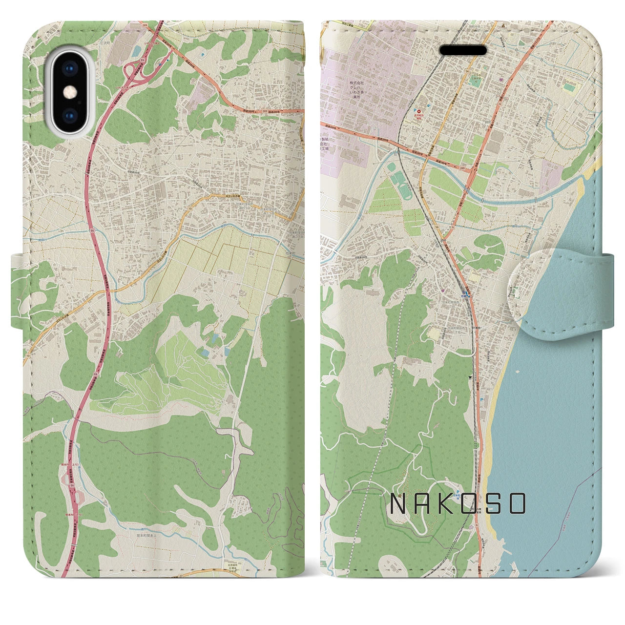 【勿来】地図柄iPhoneケース（手帳両面タイプ・ナチュラル）iPhone XS Max 用