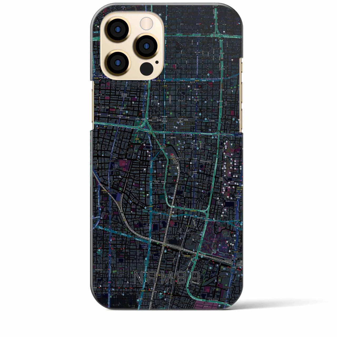 【難波】地図柄iPhoneケース（バックカバータイプ・ブラック）iPhone 12 Pro Max 用