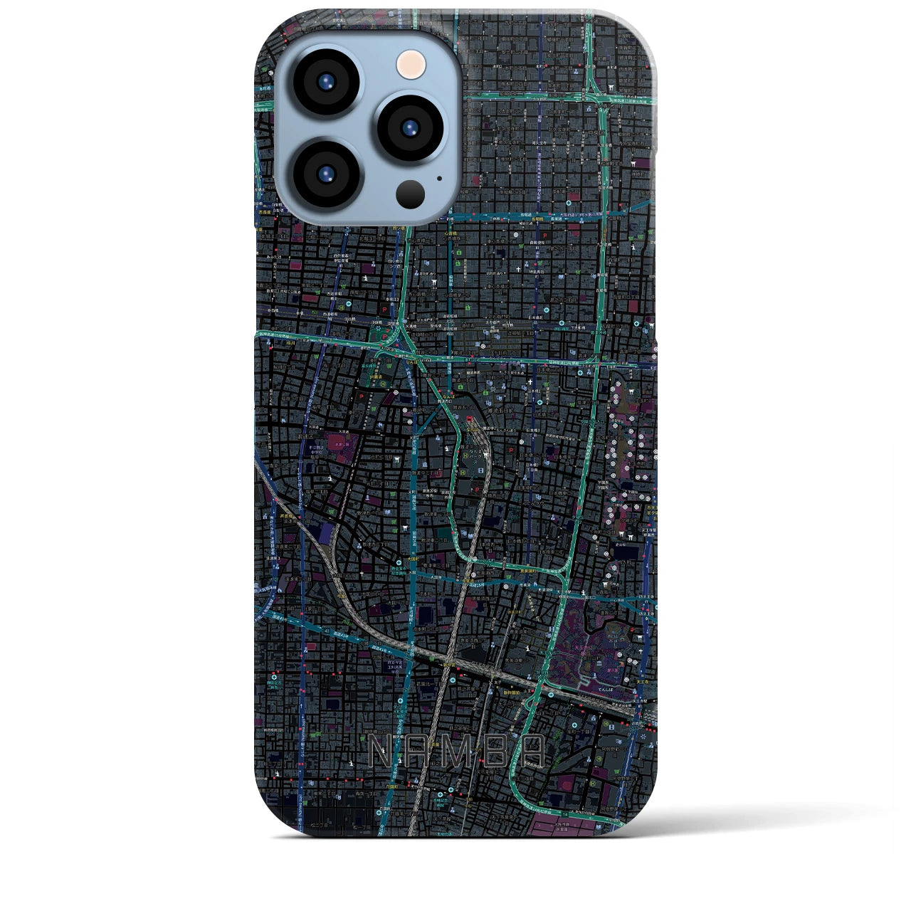 【難波】地図柄iPhoneケース（バックカバータイプ・ブラック）iPhone 13 Pro Max 用