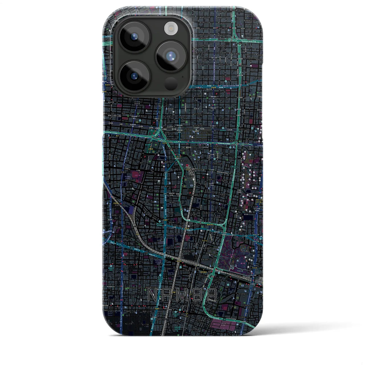 【難波】地図柄iPhoneケース（バックカバータイプ・ブラック）iPhone 15 Pro Max 用