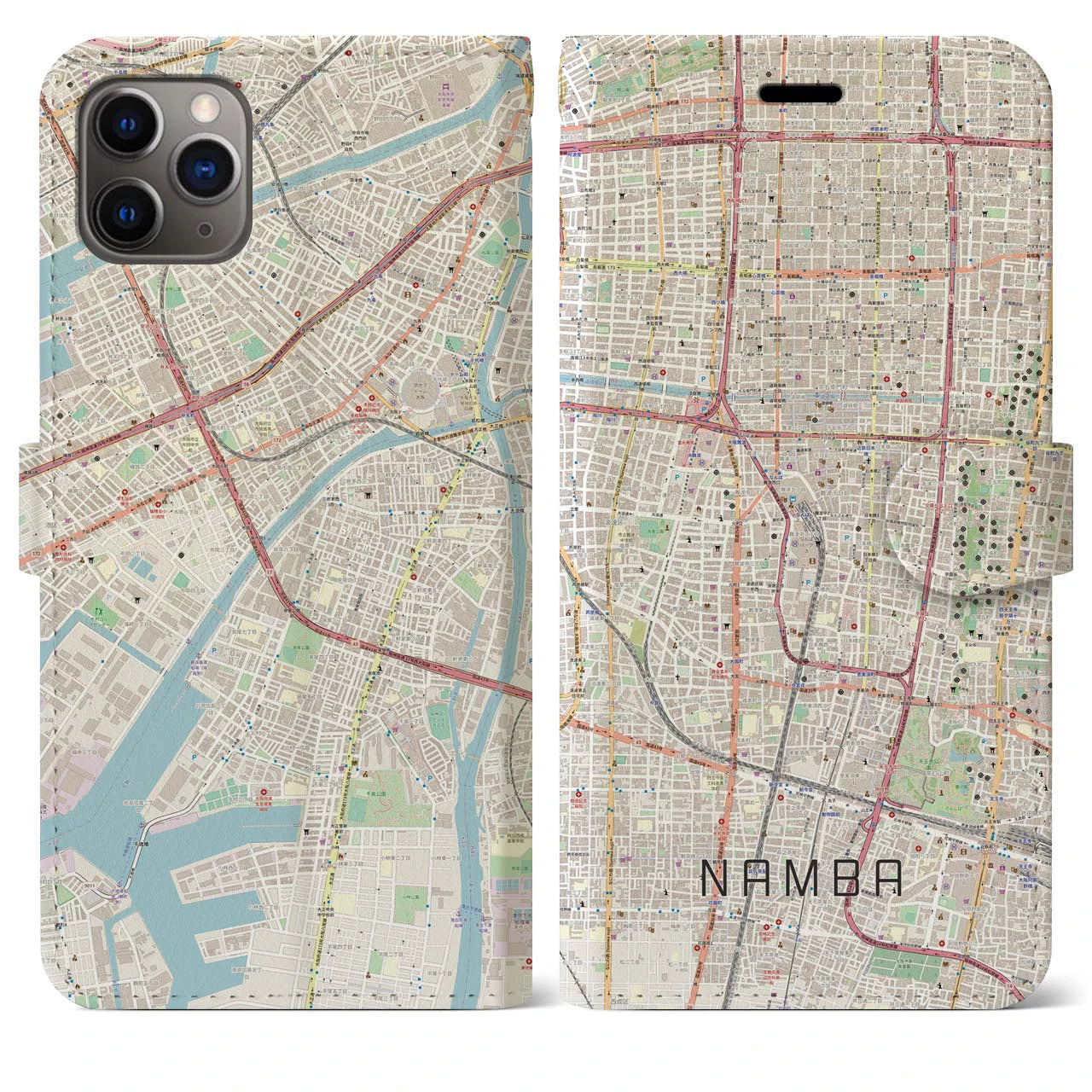 【難波】地図柄iPhoneケース（手帳両面タイプ・ナチュラル）iPhone 11 Pro Max 用
