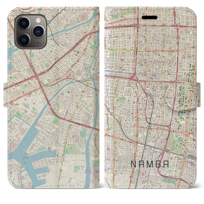 【難波（大阪府）】地図柄iPhoneケース（手帳タイプ）ナチュラル・iPhone 11 Pro Max 用
