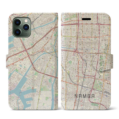 【難波（大阪府）】地図柄iPhoneケース（手帳タイプ）ナチュラル・iPhone 11 Pro 用
